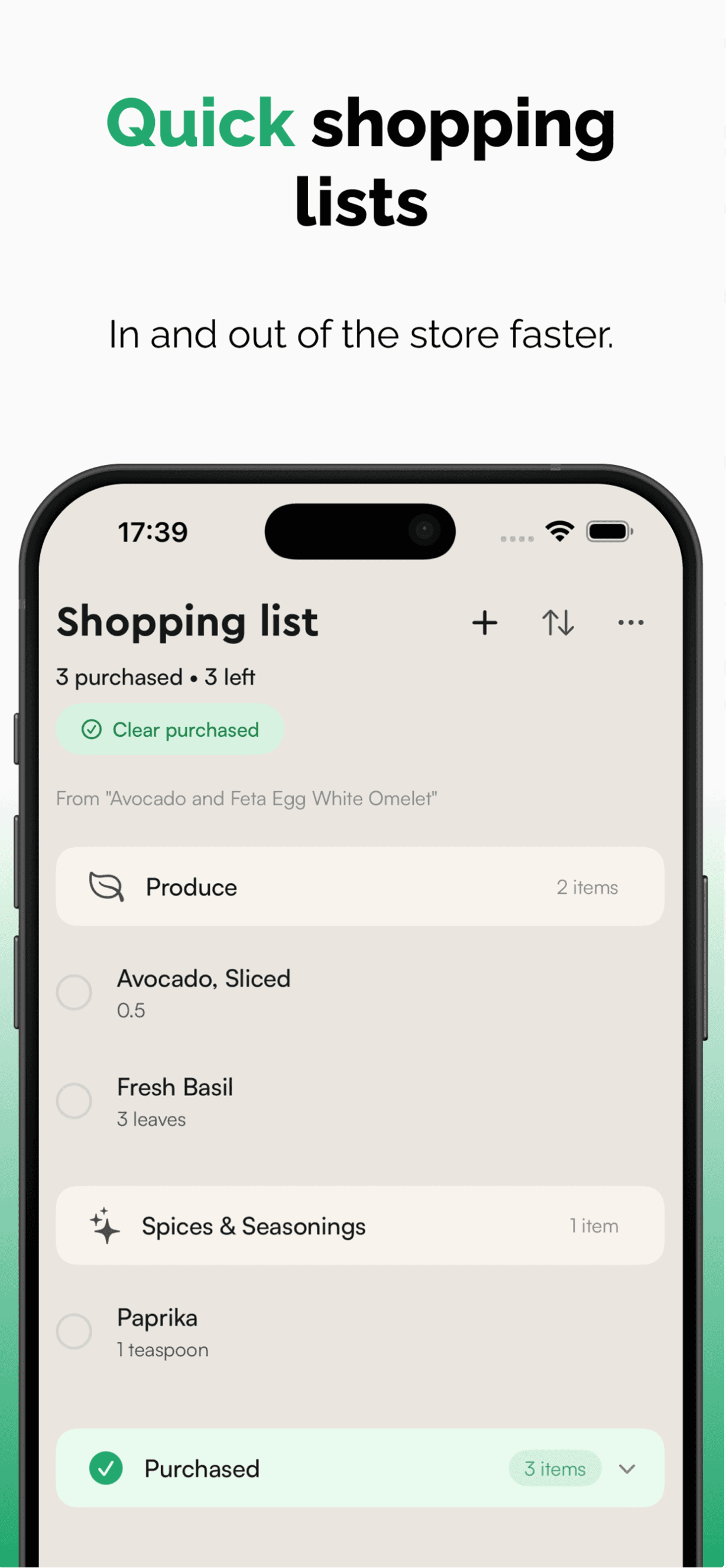 A grocery list,
assembled.